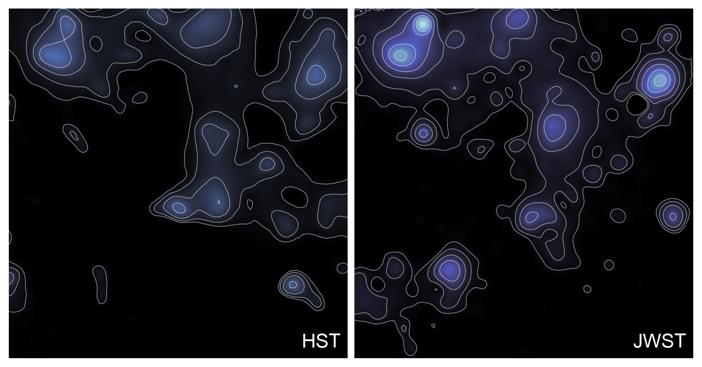 This map shows the Dark Matter distribution in the COSMOS field observed by the Hubble Space Telescope (left) and by the James Webb Space Telescope (right). Dark Matter distribution in the COSMOS field. The overlaid contours mark regions of equal dark-matter density, highlighting where this invisible matter – shown here in a blue colour ¬– is most strongly concentrated. This map shows the Dark Matter distribution in the COSMOS field observed by the Hubble Space Telescope (left) and by the James Webb Space Telescope (right). Dark Matter distribution in the COSMOS field. The overlaid contours mark regions of equal dark-matter density, highlighting where this invisible matter – shown here in a blue colour ¬– is most strongly concentrated.